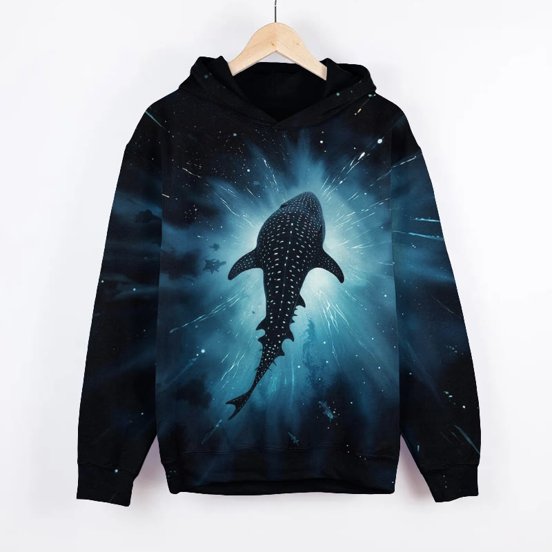 Unisex Black Starry Sky Whale Shark Print Long Sleeved Hoodie - Dark Blue - US44-46(8XL) - image 1