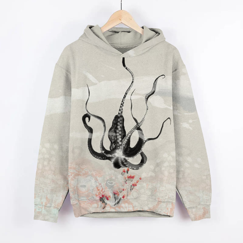 Unisex Vintage Ocean Octopus Print Long Sleeved Hoodie - Beige - US44-46(8XL) - image 1