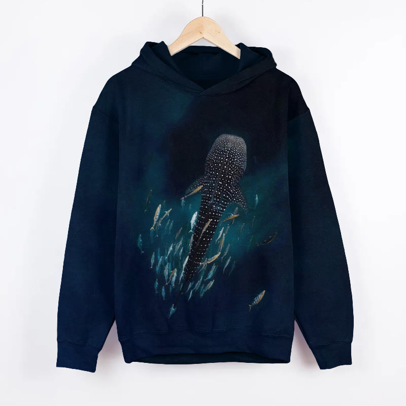 Unisex Deep Sea Whale Sharks And Schools Of Fish Print Long Sleeved Hoodie - Navy Blue - US44-46(8XL) - image 1
