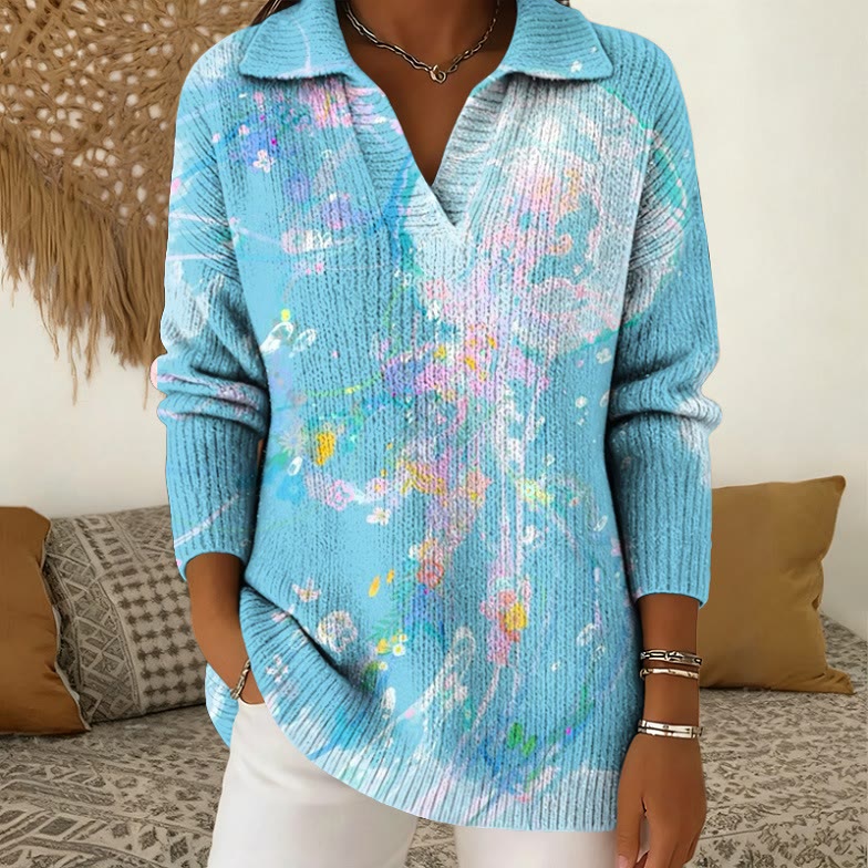 Watercolor Jellyfish Art Print Polo Collar Long Sleeved Sweater - Light Blue - 5XL - image 1