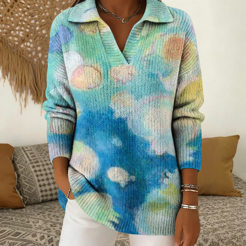 Retro Jellyfish Art Print Polo Collar Long Sleeved Sweater - Light Green - 5XL - image 1