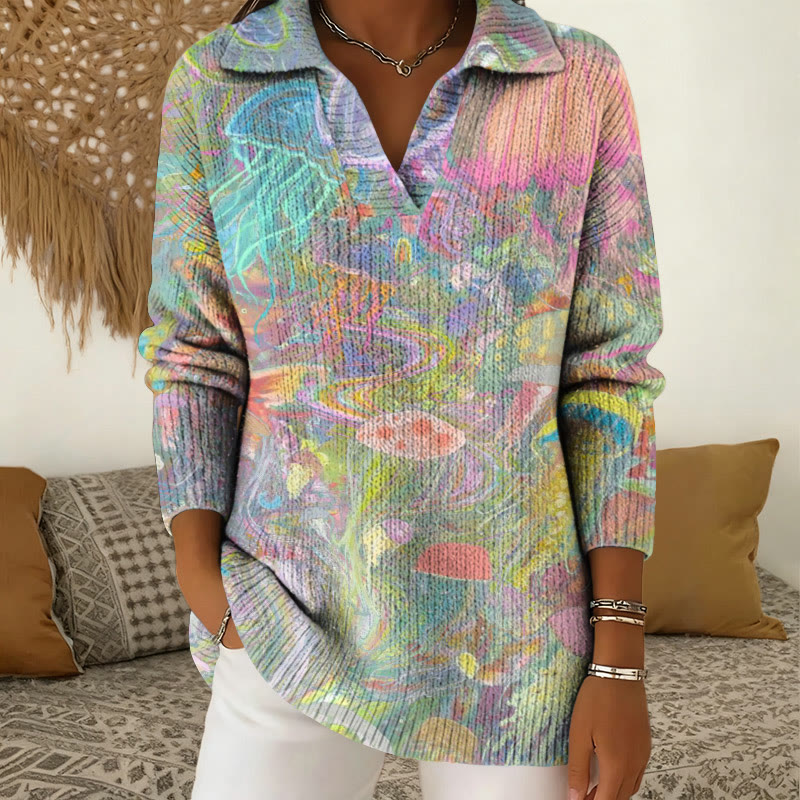 Colorful Abstract Watercolor Jellyfish Art Print Polo Collar Long Sleeved Sweater - Multicolor - 5XL - image 1