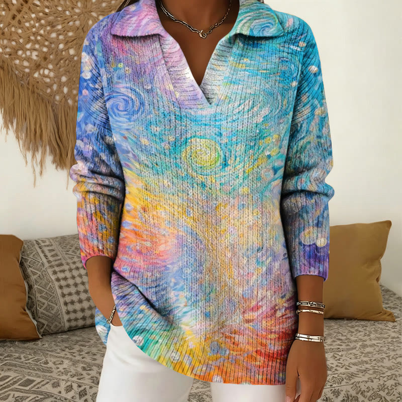 Colorful Starry Sky Art Print Polo Collar Long Sleeved Sweater - Multicolor - 5XL - image 1