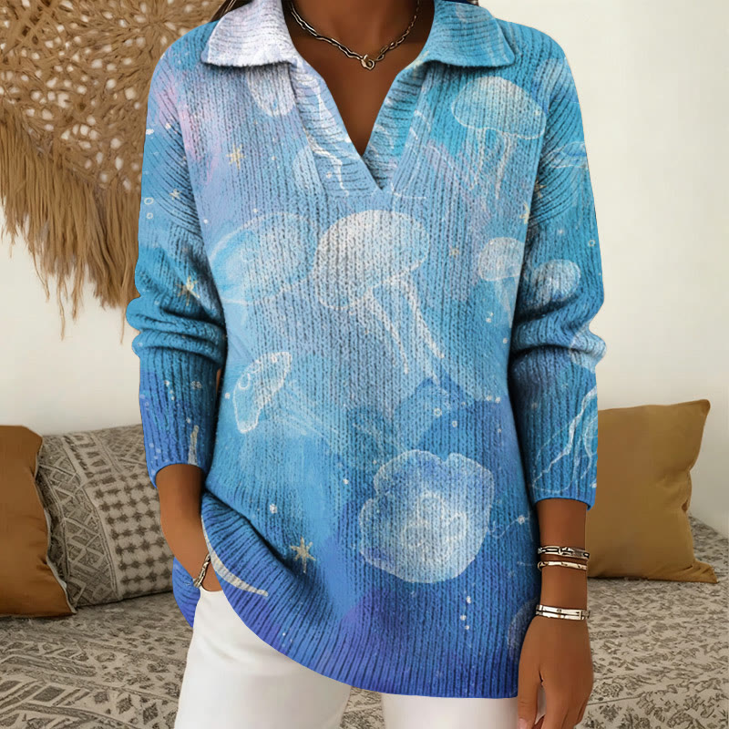 Marine Jellyfish Art Print Polo Collar Long Sleeved Sweater - Blue - 5XL - image 1
