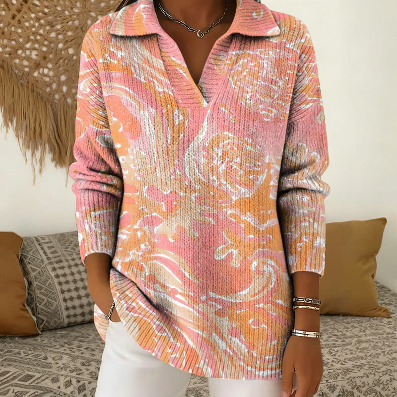 Abstract Ocean Coral Art Print Polo Collar Long Sleeved Sweater - Orange - 5XL - image 1