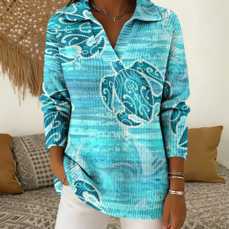 Sea ​​Turtles Art Print Polo Collar Long Sleeved Sweater - Lake Blue - 5XL - image 1