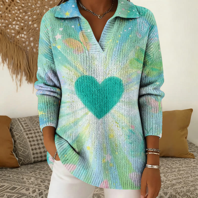 Sending Love Valentine's Day Print Polo Collar Long Sleeved Sweater - Light Green - 5XL - image 1