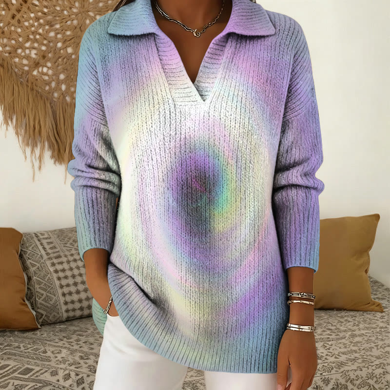 Gradient Colored Vortex Print Polo Collar Long Sleeved Sweater - Light Purple - 5XL - image 1
