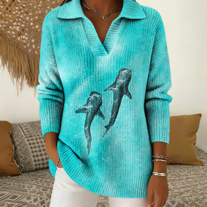 Ocean Whales Print Polo Collar Long Sleeved Sweater - Lake Blue - 5XL - image 1