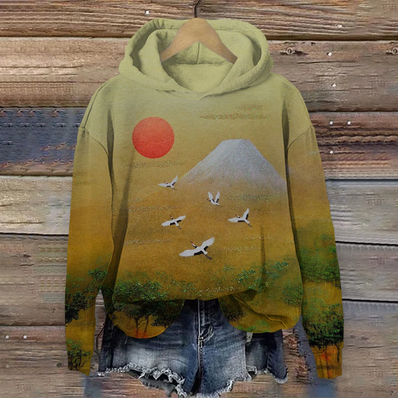 White Crane Art Print Long Sleeved Hoodie - Yellow - US44-46(8XL) - image 1