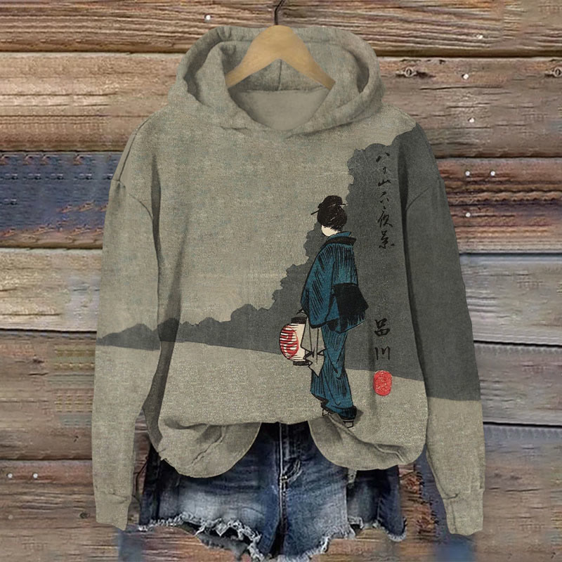 Japanese Style Vintage Art Print Long Sleeved Hoodie - Grey - US44-46(8XL) - image 1