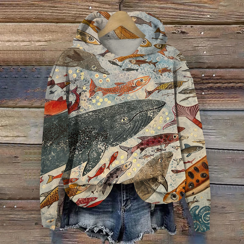 Underwater Fish Art Print Long Sleeved Hoodie - Multicolor - US44-46(8XL) - image 1