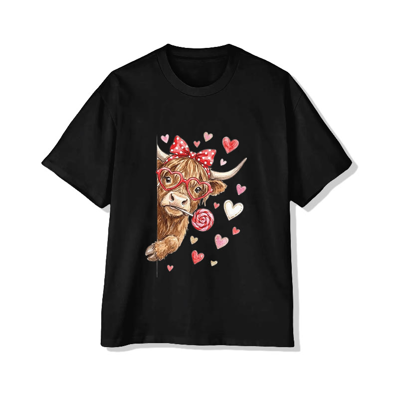 Unisex Lovely Valentine Highland Cow Print Short Sleeved Crew Neck T-shirt - Black - 2XL - image 2