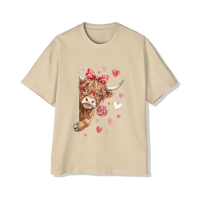 Unisex Lovely Valentine Highland Cow Print Short Sleeved Crew Neck T-shirt - Apricot - 2XL - image 1
