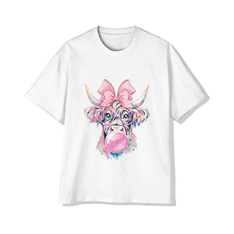 Unisex Funny Cow Blowing Gum Bubbles Print Short Sleeved Crew Neck T-shirt - White - 2XL - image 1