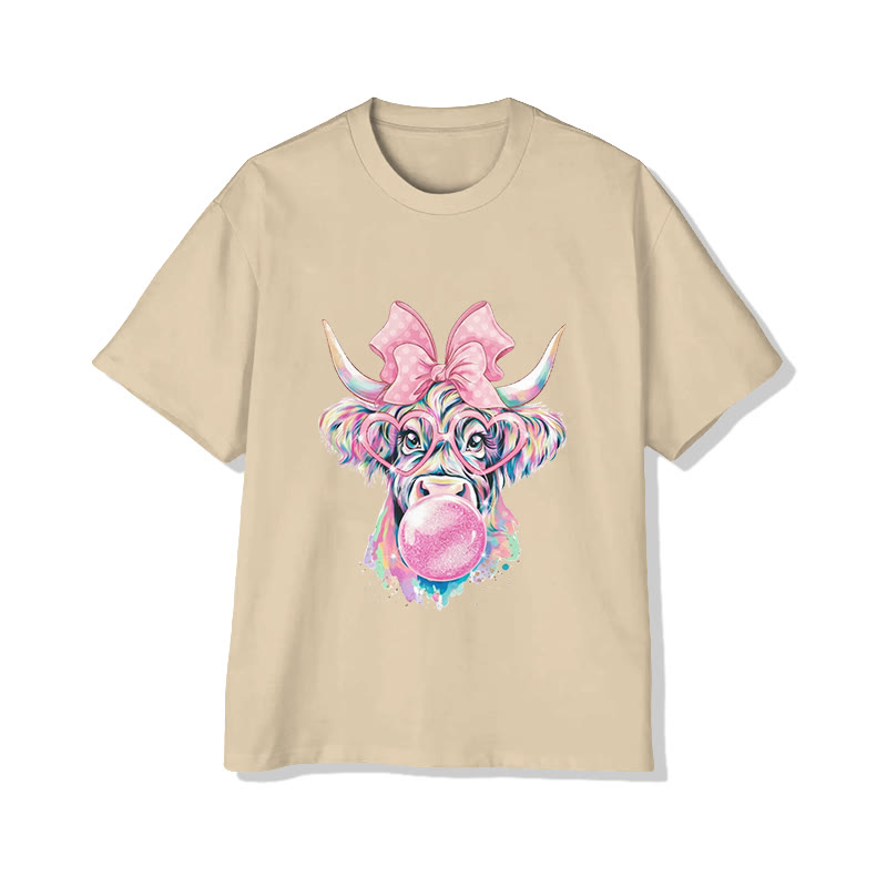 Unisex Funny Cow Blowing Gum Bubbles Print Short Sleeved Crew Neck T-shirt - Apricot - 2XL - image 2