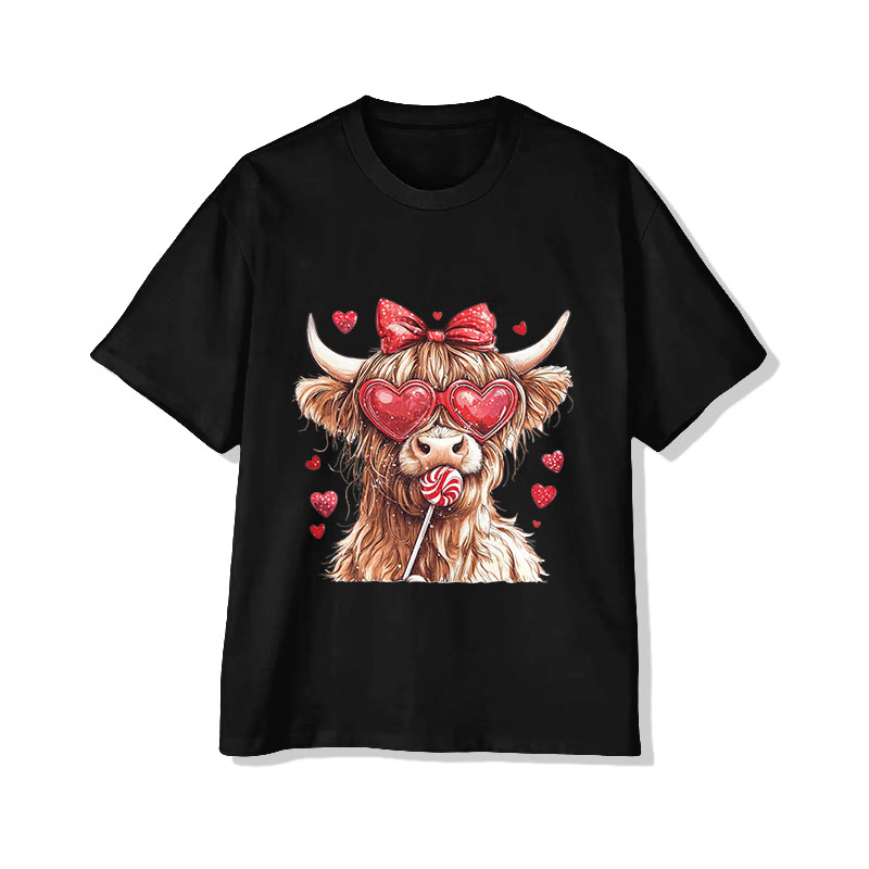 Unisex Valentine Cow Eating Lollipop Print Short Sleeved Crew Neck T-shirt - Black - 2XL - image 2