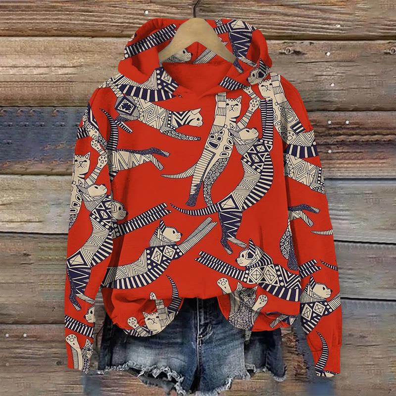 Japanese Retro Style Cat Art Painting Long Sleeved Hoodie - Red - US44-46(8XL) - image 1