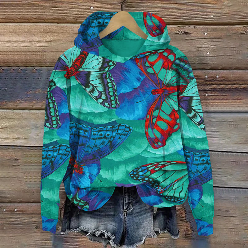 Retro Butterfly Art Painting Long Sleeved Hoodie - Blue - US44-46(8XL) - image 1