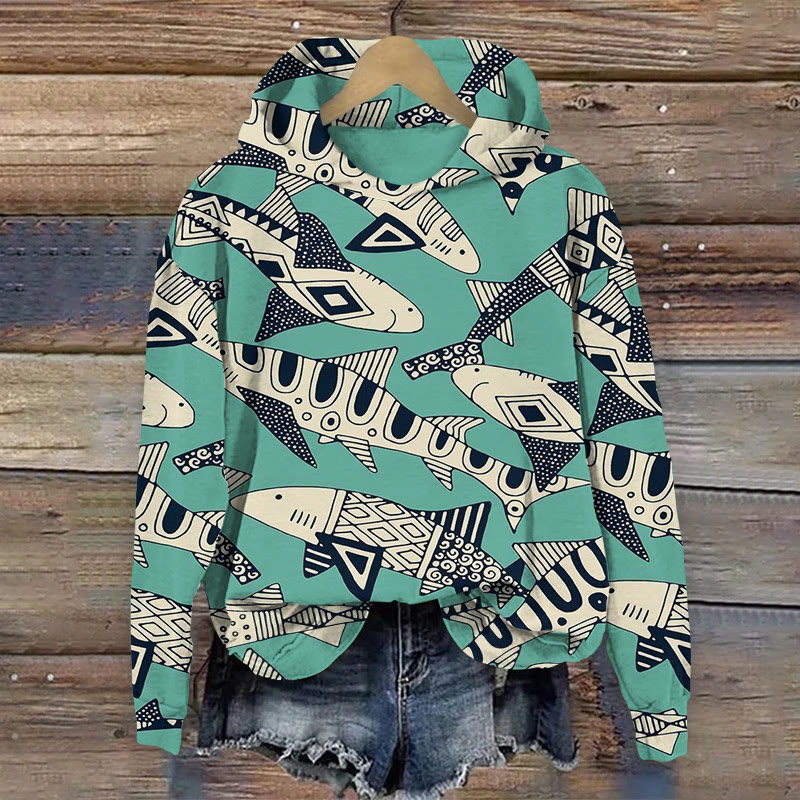 Japanese Style Retro Fish Pattern Long Sleeved Hoodie - Lake Blue - US44-46(8XL) - image 1
