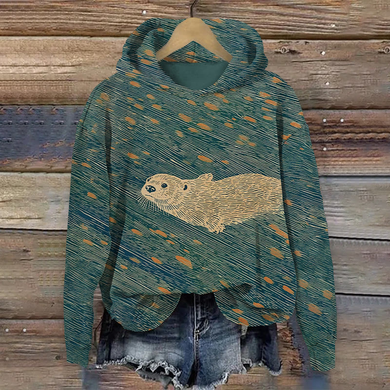 Vintage Otter Pattern Print Long Sleeved Hoodie - Green - US44-46(8XL) - image 1