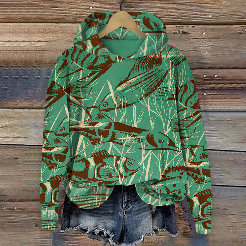 Oceanic Retro Fish Pattern Print Long Sleeved Hoodie - Green - US44-46(8XL) - image 1