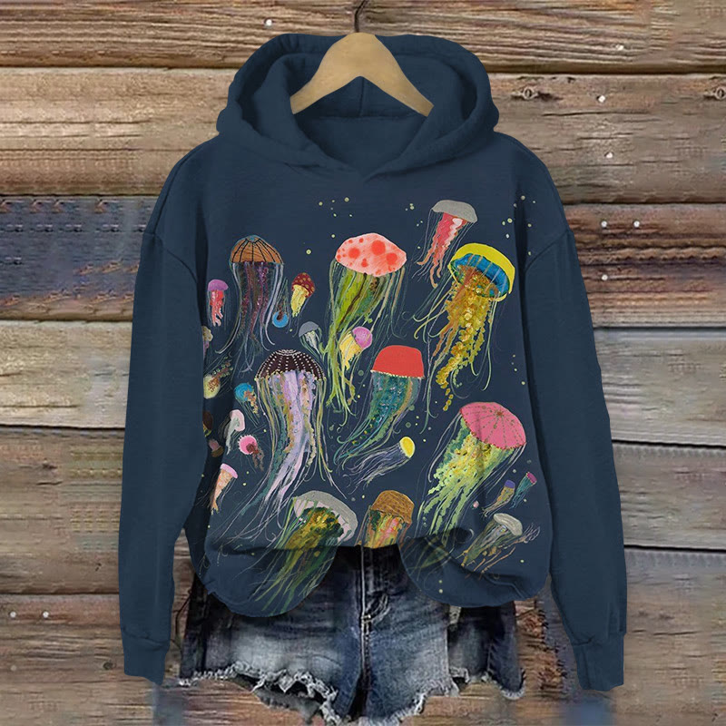 Retro Jellyfish Pattern Print Long Sleeved Hoodie - Dark Blue - US44-46(8XL) - image 1