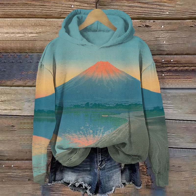 Gradient Mount Fuji Landscape Pattern Print Long Sleeved Hoodie - Blue - US44-46(8XL) - image 1