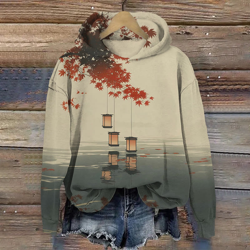 Maple And Lantern Water Scene Pattern Print Long Sleeved Hoodie - Khaki - US44-46(8XL) - image 1