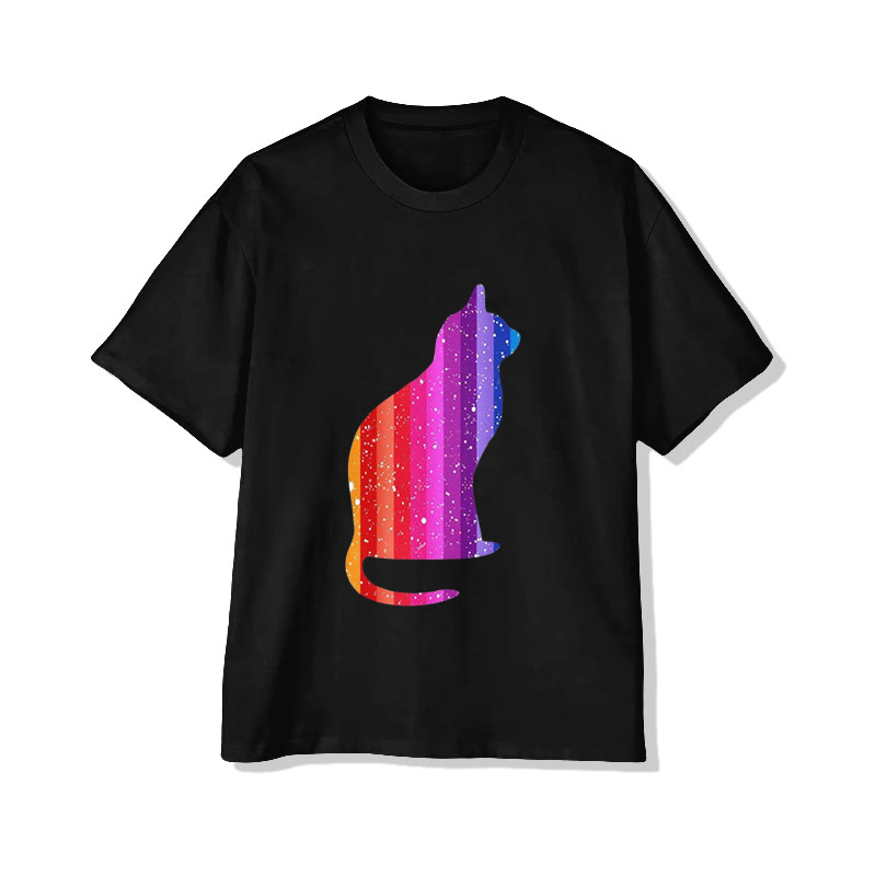 Unisex Vertical Rainbow Cat Print Short Sleeved Crew Neck T-shirt - Black - 2XL - image 2