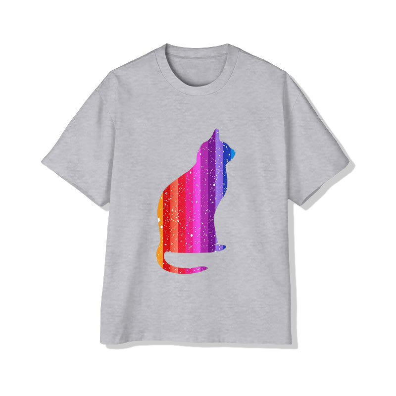 Unisex Vertical Rainbow Cat Print Short Sleeved Crew Neck T-shirt - Grey - 2XL - image 4