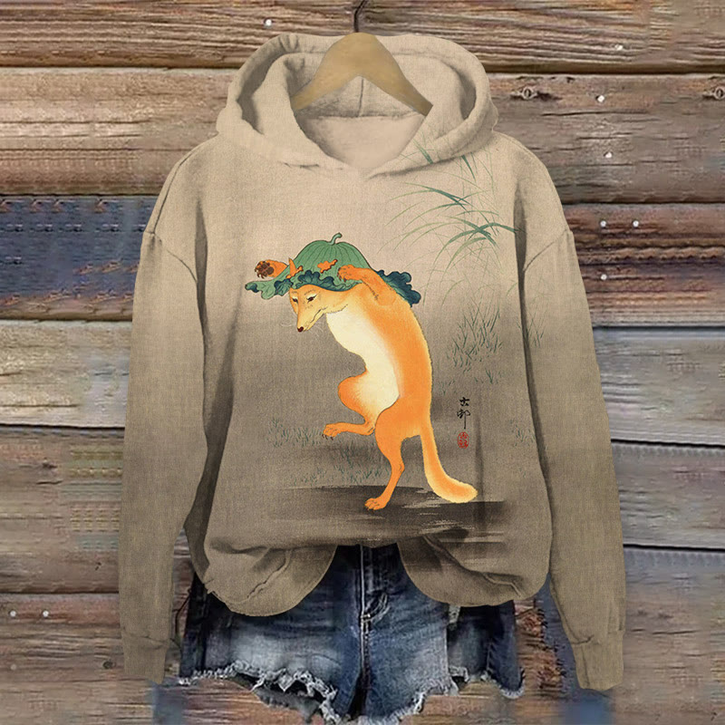 Japanese Fun Fox Pattern Print Long Sleeved Hoodie - Khaki - US44-46(8XL) - image 1