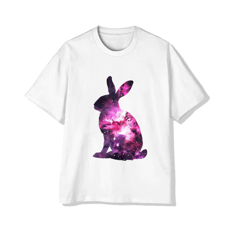 Unisex Starry Sky Pattern Rabbit Print Short Sleeved Crew Neck T-shirt - White - 2XL - image 1