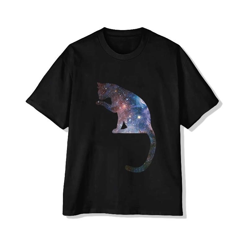 Unisex Starry Universe Cat Pattern Print Short Sleeved Crew Neck T-shirt - Black - 2XL - image 2