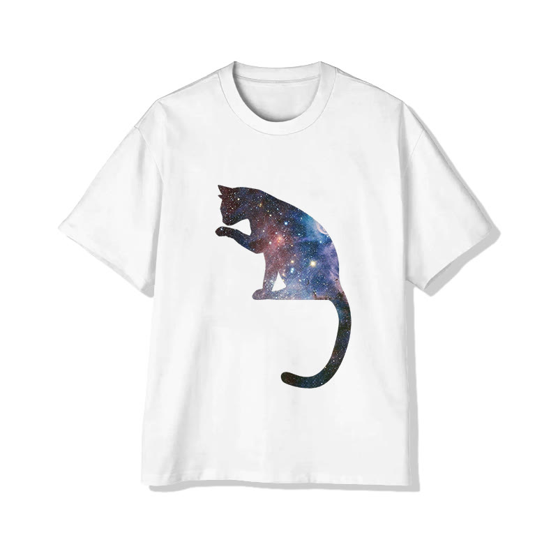 Unisex Starry Universe Cat Pattern Print Short Sleeved Crew Neck T-shirt - White - 2XL - image 1