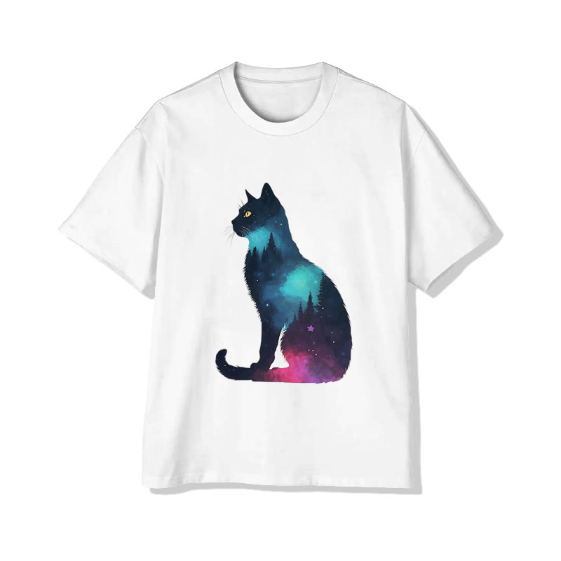 Unisex Mysterious Forest Cat Print Short Sleeved Crew Neck T-shirt - White - 2XL - image 1