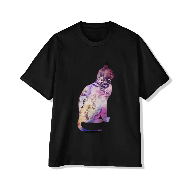 Unisex Colorful Floral Cat Print Short Sleeved Crew Neck T-shirt - Black - 2XL - image 2