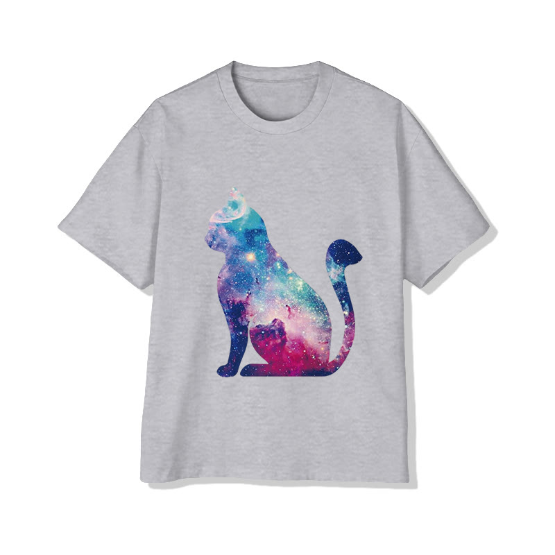 Unisex Brilliant Starry Sky Cat Print Short Sleeved Crew Neck T-shirt - Grey - 2XL - image 1
