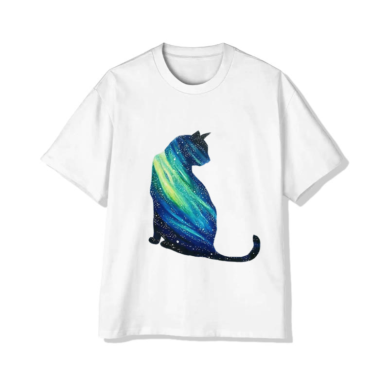 Unisex Creative Aurora Cat Pattern Print Short Sleeved Crew Neck T-shirt - White - 2XL - image 1