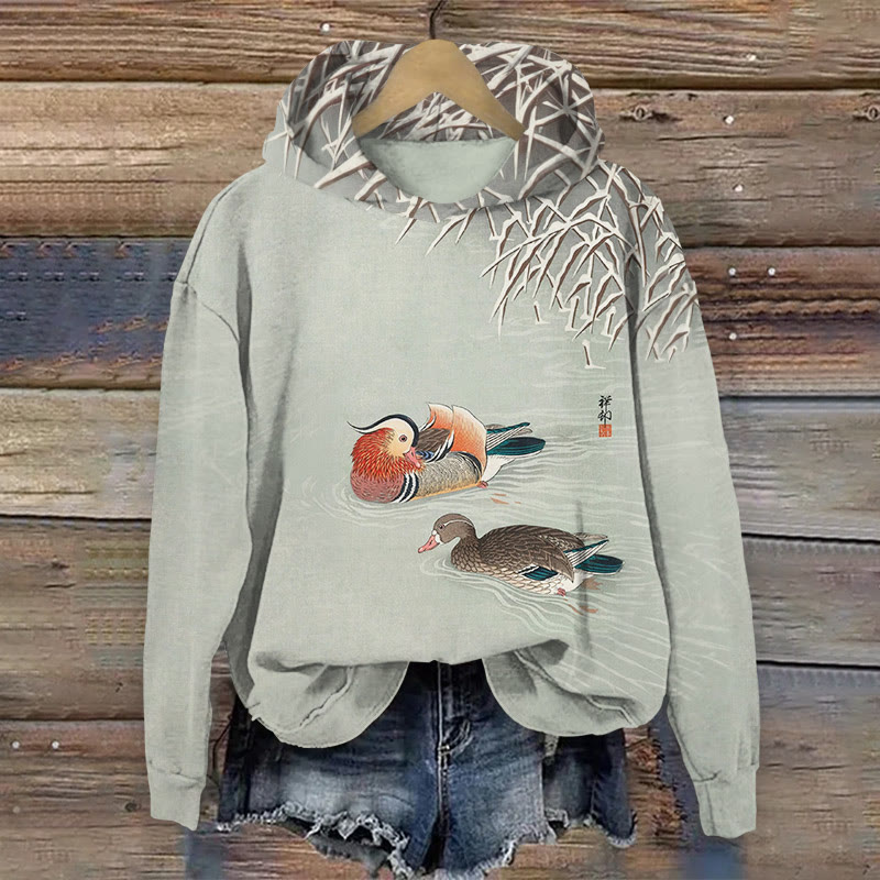 Japanese Mandarin Duck Water Scene Pattern Print Long Sleeved Hoodie - Grey - US44-46(8XL) - image 1