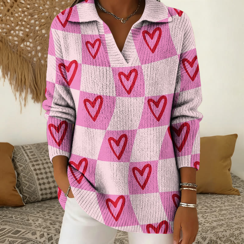 Valentine's Day Heart Shaped Plaid Print Polo Collar Long Sleeved Sweater - Pink - 5XL - image 1