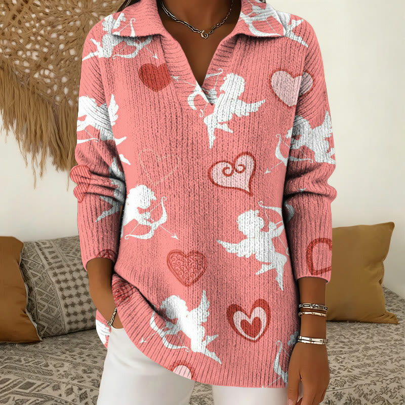 VValentine's Day Cupid's Heart Print Polo Collar Long Sleeved Sweater - Pink - 5XL - image 1
