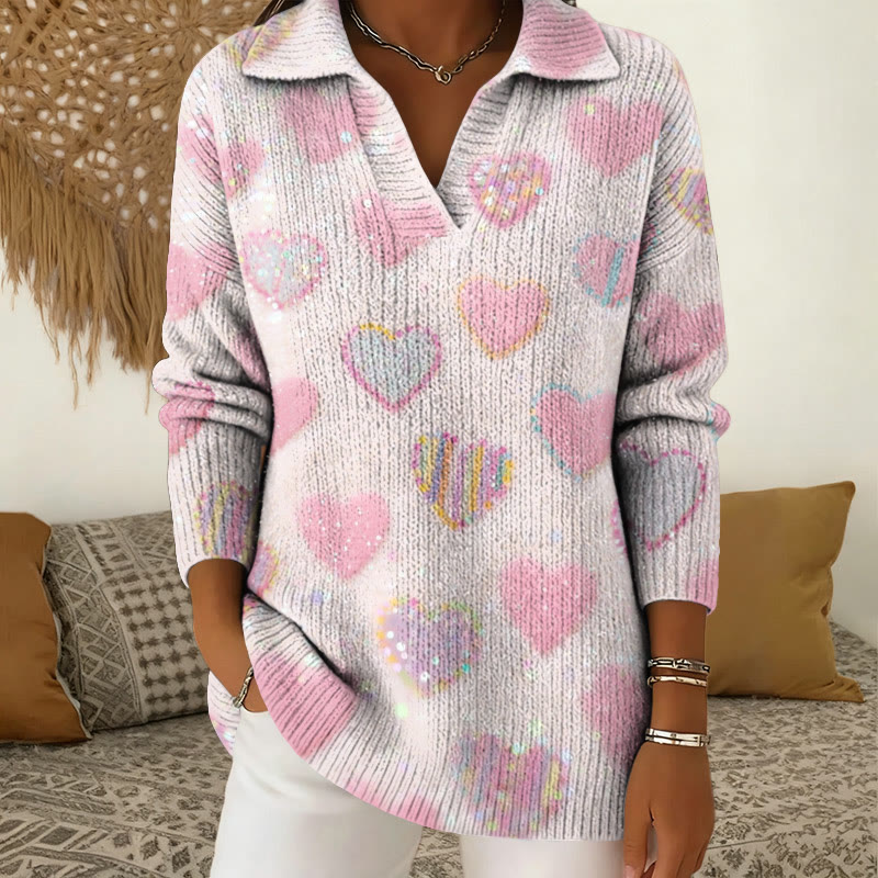 Valentine's Day Sparkling Heart Print Polo Collar Long Sleeved Sweater - Light Pink - 5XL - image 1