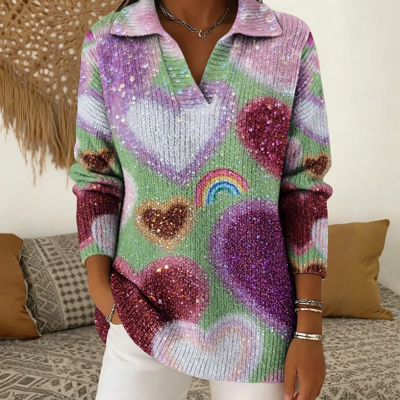 Valentine's Day Sparkling Colorful Heart Pattern Print Polo Collar Long Sleeved Sweater - Green - 5XL - image 1