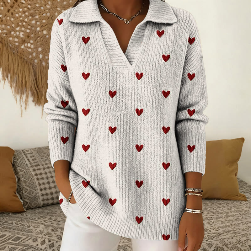 Valentine's Day Small Heart Pattern Print Polo Collar Long Sleeved Sweater - Beige - 5XL - image 1
