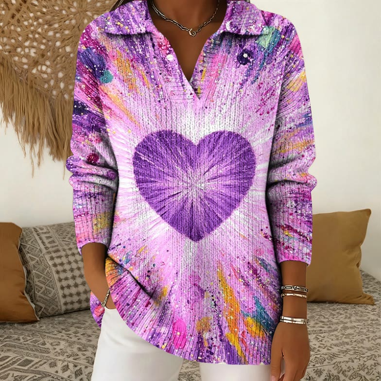Valentine's Day Gradient Heart Pattern Print Polo Collar Long Sleeved Sweater - Purple - 5XL - image 1