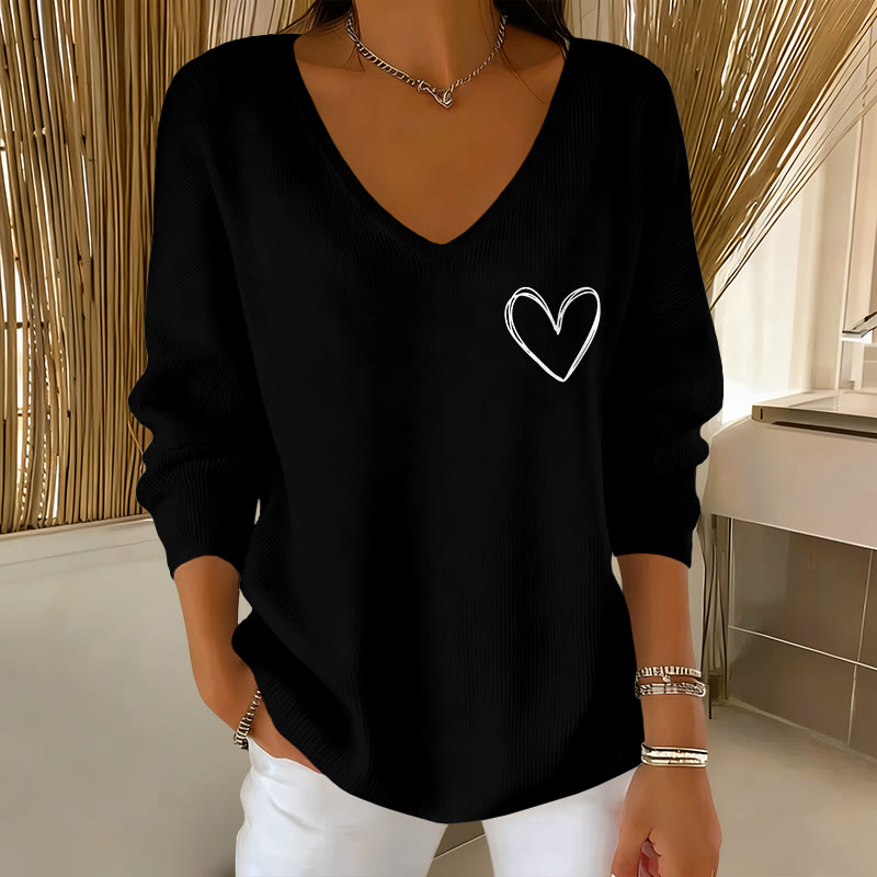 Valentine's Day Comfortable Simple Hearts Pattern Print Causal V-neck Pullover Sweater - Black - 5XL - image 2