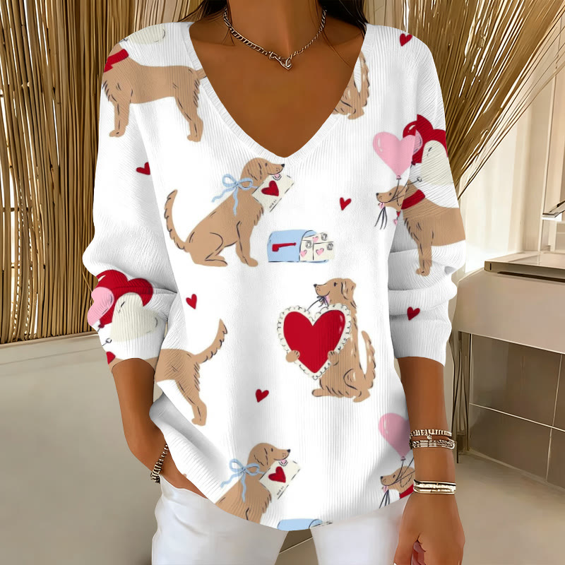 Valentine's Day Pet Dog Heart Shaped Print Causal V-neck Pullover Sweater - White - 5XL - image 1