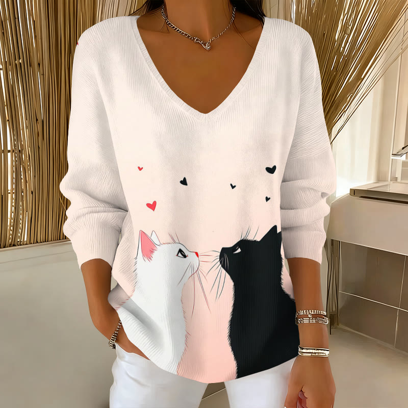 Valentine's Day Cat Heart Print Causal V-neck Pullover Sweater - Light Pink - 5XL - image 1