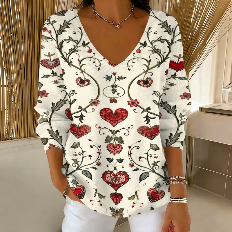 Valentine's Day Vintage Floral Heart Print Causal V-neck Pullover Sweater - Apricot - 5XL - image 1